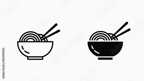 Two bowls of noodles with chopsticks displayed in black and white simple vector illustration