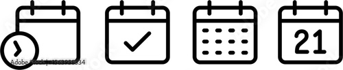 Calendar icon collection. Flat calendar symbols set for planning, appointment, schedule, deadline reminder, event date, meeting management, and time tracking