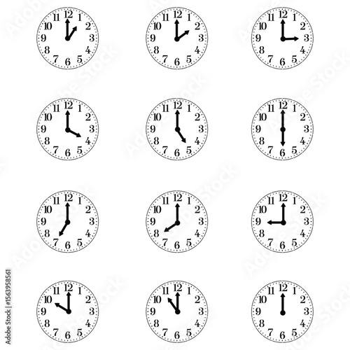 Collection of twelve analog clocks showing each hour from one to twelve