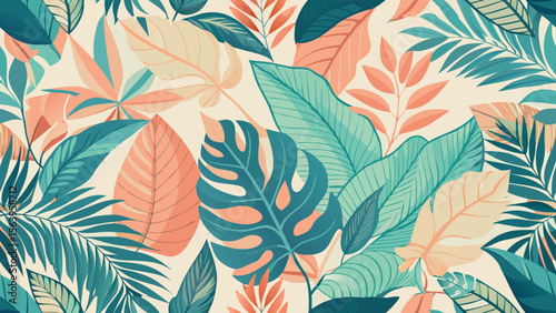 Seamless Botanical Tropical Leaf Pattern in Hand-Drawn Pastel Style