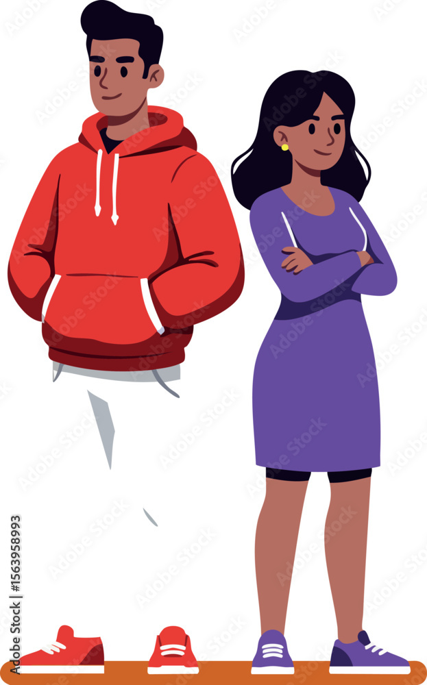 Obraz premium Young man in red hoodie and woman in purple dress standing side by side casual vector illustration