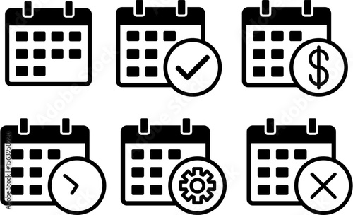 Calendar vector icons. Set of flat calendar symbols for scheduling, appointment planning, event reminders, deadline alerts, time management, and productivity tools.