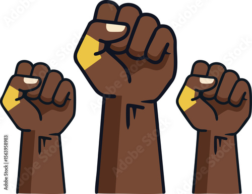 Raised fists symbolizing unity and resistance with brown skin tones and yellow highlights empowering social justice movements vector illustration