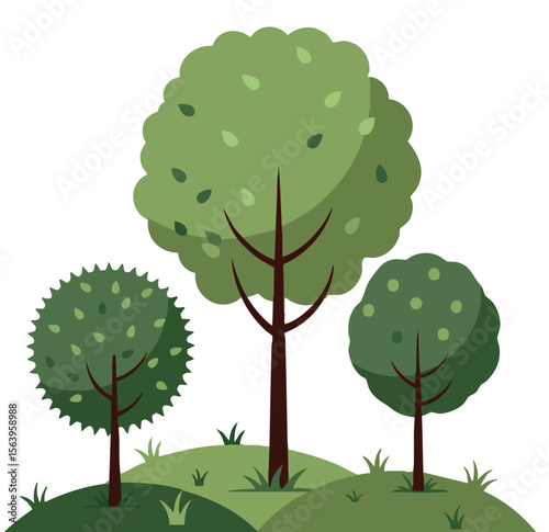 Three green trees on grassy hill vector illustration with nature and environment theme in flat style