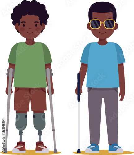 Boys with prosthetic legs and crutches supporting mobility and independence in daily life vector illustration