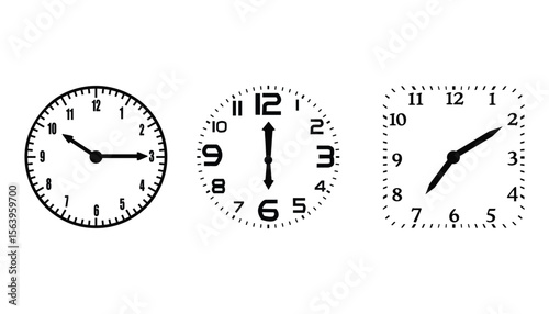 Three different clocks showing different times on a white background