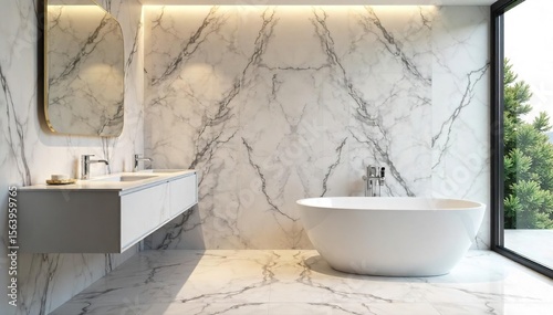 Elegant Spa-Like Luxury Bathroom Large Format Marble Tiles, Modern Design, Clean Lines, Subtle Veining. Interior Design Inspiration.