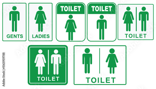 Collection of various green and white gender neutral and separate toilet signs