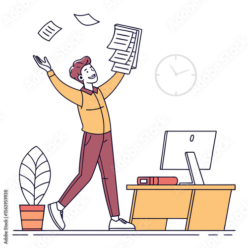 Happy businessman celebrating success by throwing papers in the air at his desk with a computer and plant nearby