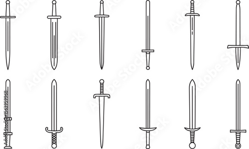 Medieval Sword Icons Longsword Broadsword Rapier Blade Dagger Knight Weapon Outline Vector Collection