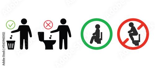 Correct and incorrect ways to use a toilet and dispose of waste