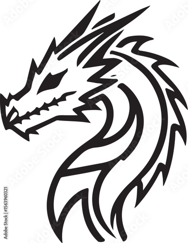 Tribal Dragon Head, Black and White Vector Illustration