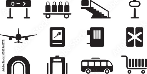 Airport Gate Airplane Bus Runway Stairs Luggage Cart Scanner Icon Set for Travel and Transit Use
