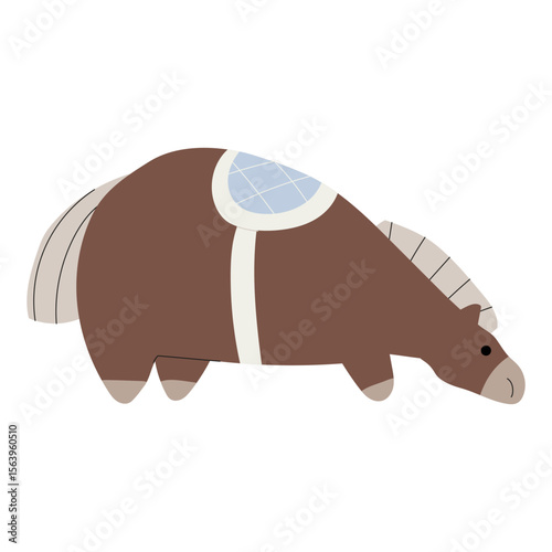 Cute chubby brown horse with a quilted blue saddle eating something from the ground. Isolated on white