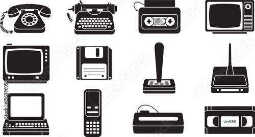 Rotary Phone Typewriter Cassette TV Floppy Joystick Laptop Mobile Scanner VHS Vintage Tech Icons Set