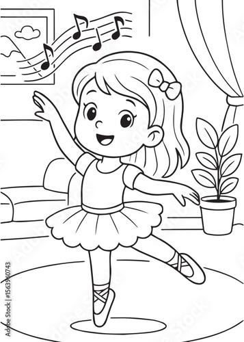 Coloring book girl doing ballet in living room.
