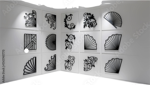 Collection of decorative black metal wall art pieces with fan and floral designs
