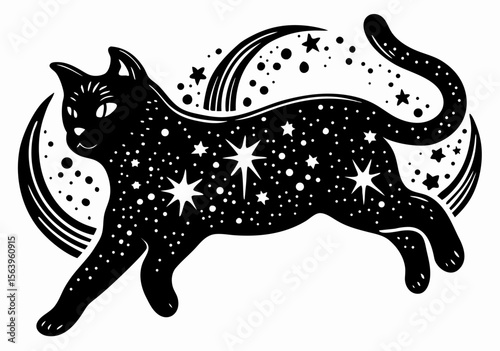 Mystical Black Cat with Stars and Moons: Celestial Design