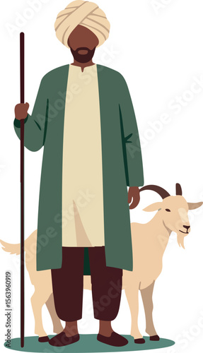 Shepherd man with staff and goat standing beside in traditional clothing rural lifestyle vector illustration