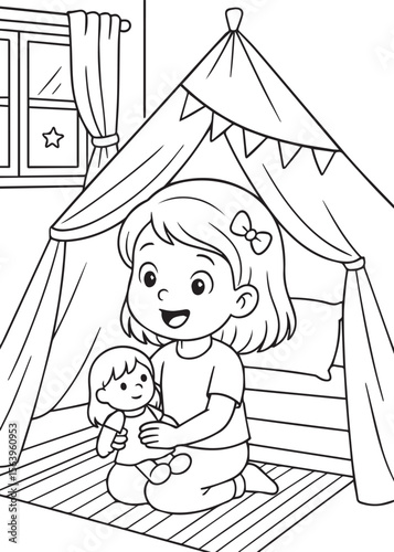Coloring book girl playing with doll inside tent.
