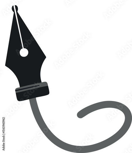 Vector graphic of black fountain pen nib with curved ink trail artistic design simple drawing