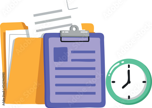 Clipboard with documents folder and clock time management business organization concept vector illustration