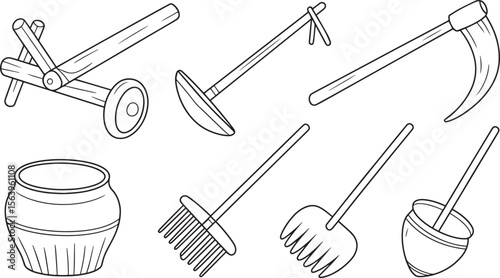 Plow Sickle Pot Rake Hoe Harrow Rural Farming Tool Icons for Agriculture Line Art Design Culture
