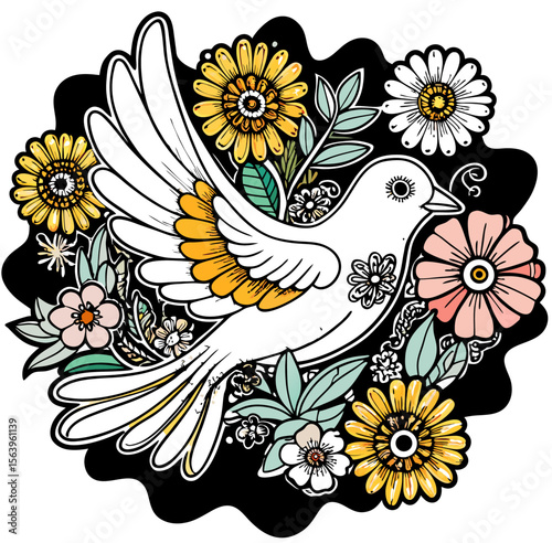 White Dove with Flowers: Coloring Page Design