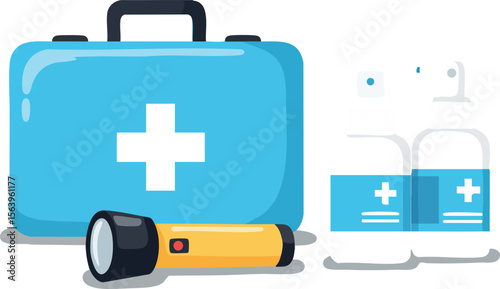 First aid kit with flashlight and medicine bottles emergency preparedness essentials vector illustration