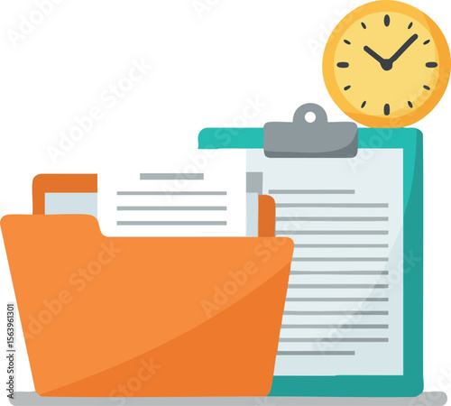Office folder with documents and clipboard with clock symbolizing time management and organization vector illustration
