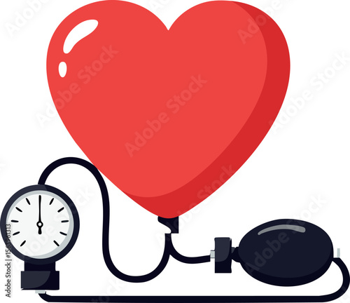 Heart-shaped blood pressure monitor with red heart balloon and black cuff for health and medical awareness vector illustration