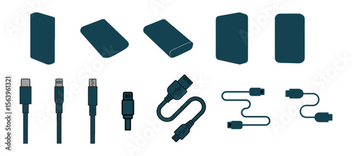 Collection of modern electronic device charging cables and connectors on white background