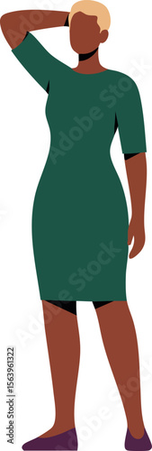 Woman standing in green dress with short blonde hair casual pose vector illustration