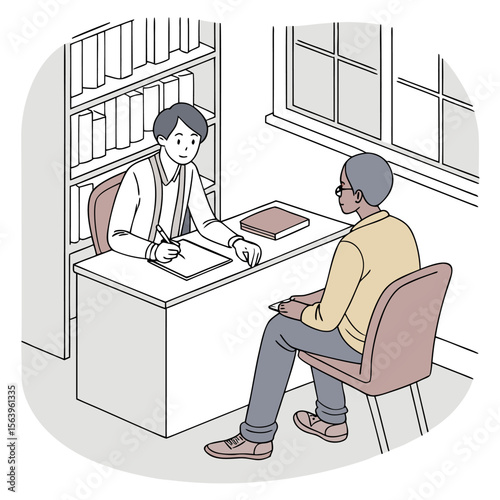 A professional man sits at his desk writing notes while conversing with a client in a comfortable office setting with bookshelves and a window