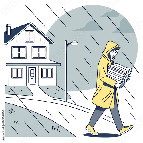 Man in yellow raincoat carrying stack of papers walks past house on rainy day with stormy clouds overhead