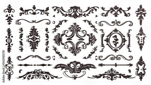 Collection of ornate dark brown baroque decorative elements and flourishes
