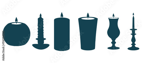 Collection of diverse candle silhouettes with burning flames on a white background