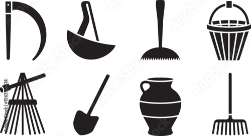 Farming Icons Sickle Ulu Tool Basket Pot Shovel Broom Pitchfork Silhouette Vector Rural Toolkit Set