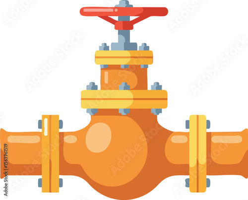 Industrial orange water valve with red handle and yellow flanges vector icon design illustration
