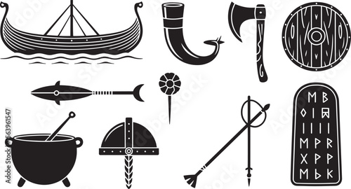 Viking Ship Axe Horn Shield Spear Helmet Rune Pot Arrow Medieval Warrior Icons Silhouette Vector Set