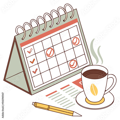 Desk setup with a desk calendar showing marked dates a steaming cup of coffee a pen and a document with lines for notes and planning tasks