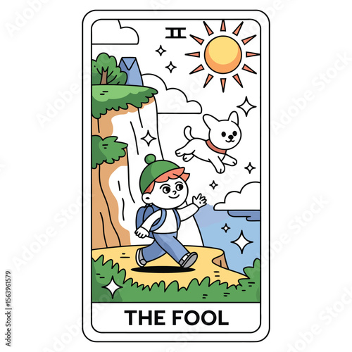 A kawaii-style tarot card illustration of The Fool with a joyful young traveler, dog, cliff, and magical pastel background