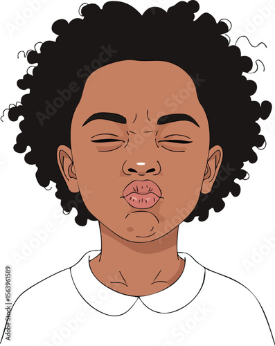 Little African American girl with curly hair making kiss face vector portrait illustration