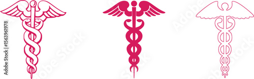 Three stylized caduceus symbols in pink on a white background