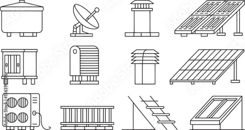 Solar Panel Satellite Chimney HVAC Water Tank Roof Equipment Icons Line Art Vector Utility Set