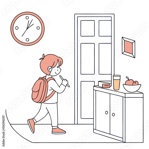 A happy cartoon boy with a backpack and pencil walks towards a door ready for school with a clock on the wall and breakfast on a cabinet