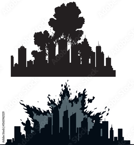 Silhouettes of Cityscape with Explosion and Fire, Depicting Destruction, Urban Disaster, or Catastrophic Event in an Apocalyptic Setting