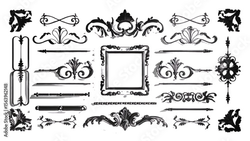 Collection of ornate black baroque decorative elements and a frame
