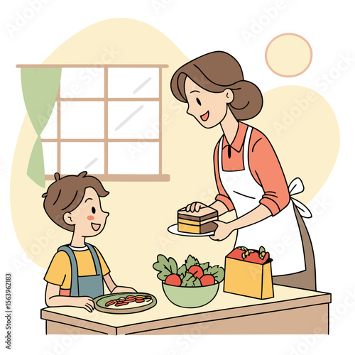 A smiling mother wearing an apron serves a layered dessert to her happy young son who is preparing food at the kitchen table
