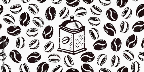 Coffee Beans Background: Hand Drawn Sketch Style with Coffee Grinder